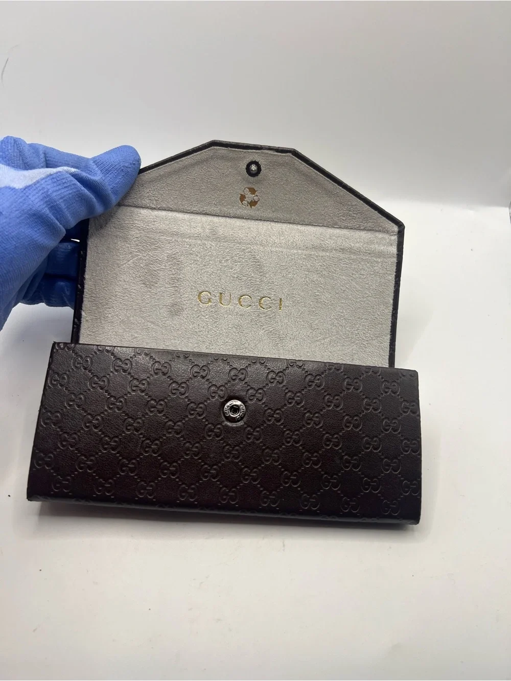 Gucci Brown  Embossed GG Leather Long Envelope sunglasses case